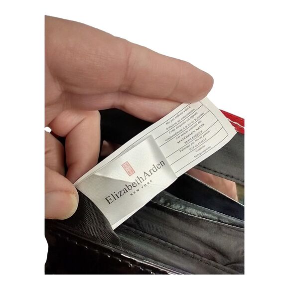 Elizabeth Arden Patent Leather Black Cosmetic Bag Purse w Mirror Red Trim - Picture 2 of 12